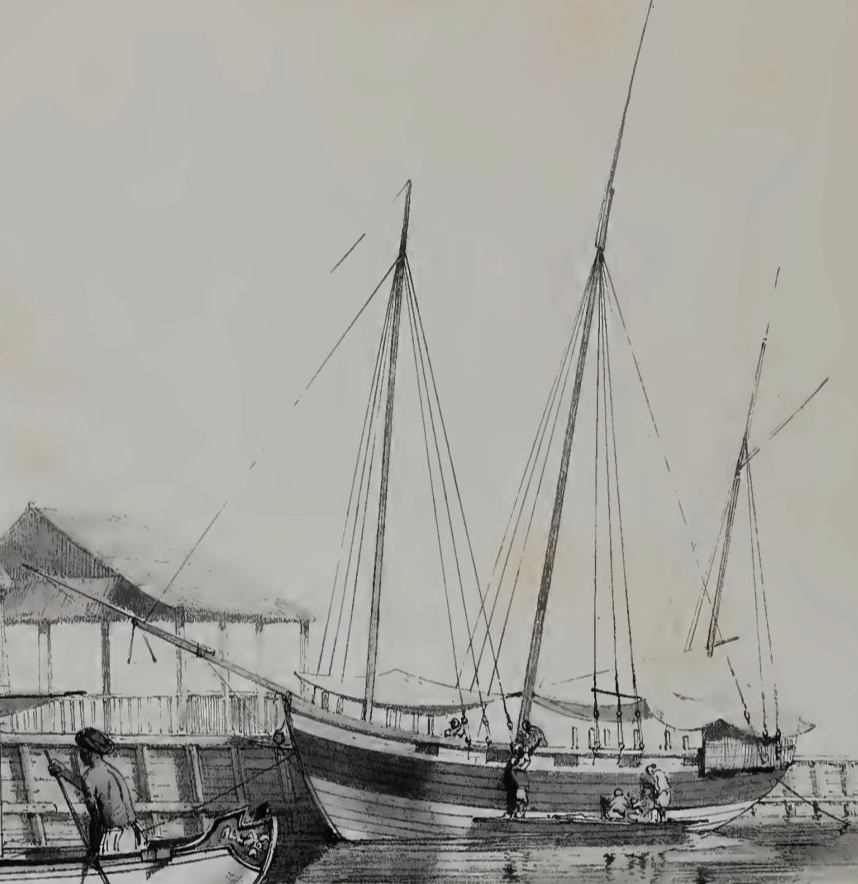 Sebuah perahu toop 'tipe Barat'; Paris, Francois Edmond 1843: Essai sur la construction navale des peuples extra-europeens, Paris: Arthus Bertrand, gmbr. 88.