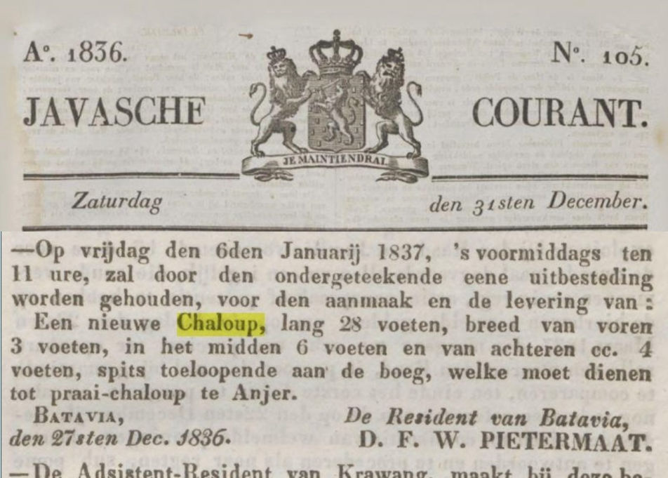 Iklan pemesanan sebuah chaloup sebagai sekoci penjaga di Selat Sunda; Javasche Courant 1836-12-31.