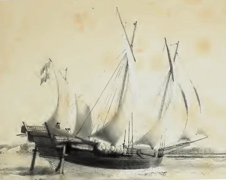 Sebuah perahu berlambung padewakang dengan layar jenis toop, 1830-an; Paris 1843: Gmbr. 84.
